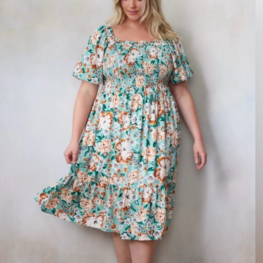 LC Lauren Conrad Teal Floral Smocked Dress NWT